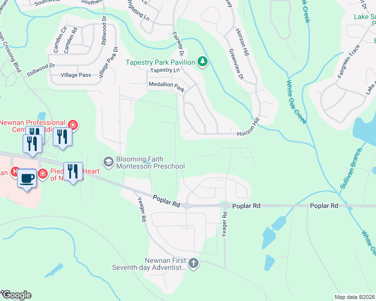 map of restaurants, bars, coffee shops, grocery stores, and more near 18 Winter Lane in Newnan