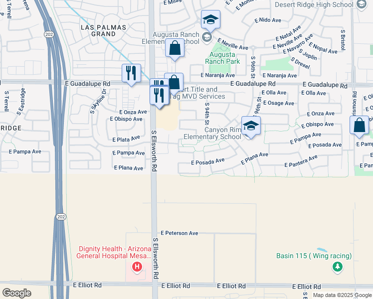 map of restaurants, bars, coffee shops, grocery stores, and more near 9320 East Pampa Avenue in Mesa