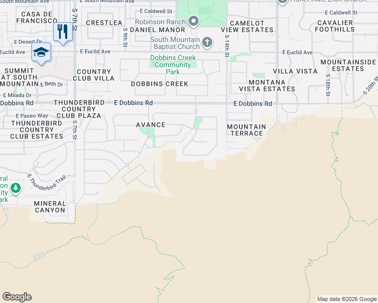 map of restaurants, bars, coffee shops, grocery stores, and more near 1333 East Monte Way in Phoenix