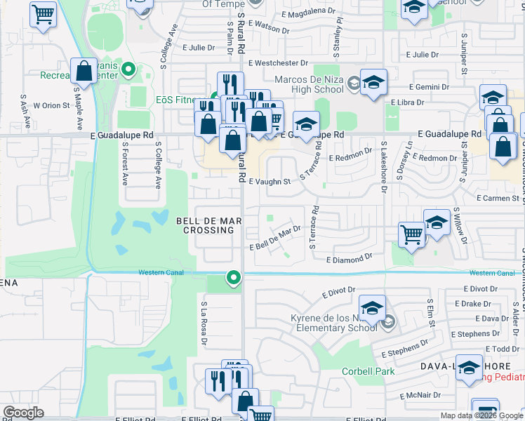 map of restaurants, bars, coffee shops, grocery stores, and more near 929 East Lodge Drive in Tempe