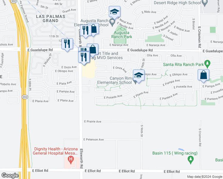 map of restaurants, bars, coffee shops, grocery stores, and more near 9404 East Pampa Avenue in Mesa