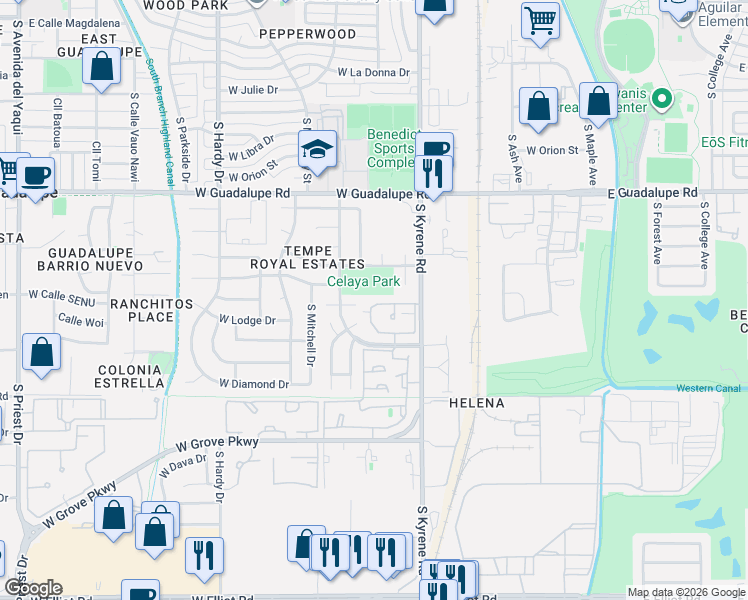 map of restaurants, bars, coffee shops, grocery stores, and more near 376 West Carmen Street in Tempe