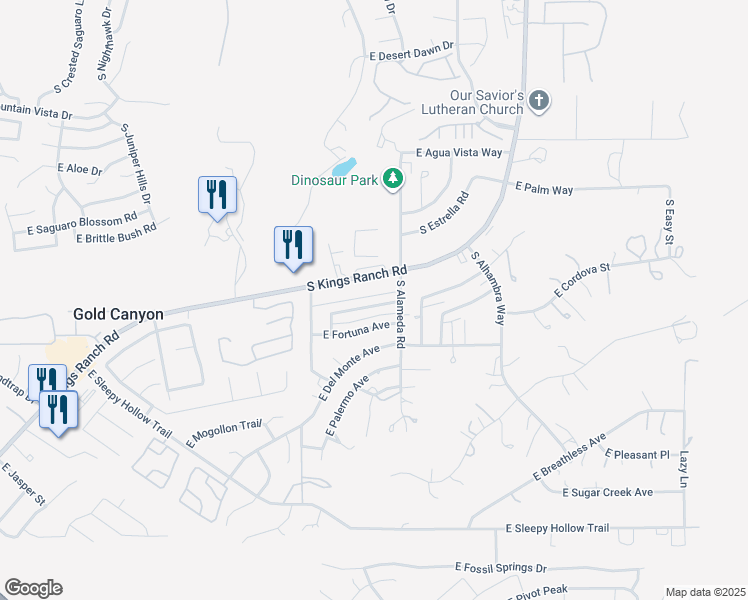 map of restaurants, bars, coffee shops, grocery stores, and more near 5977 South Kings Ranch Road in Gold Canyon