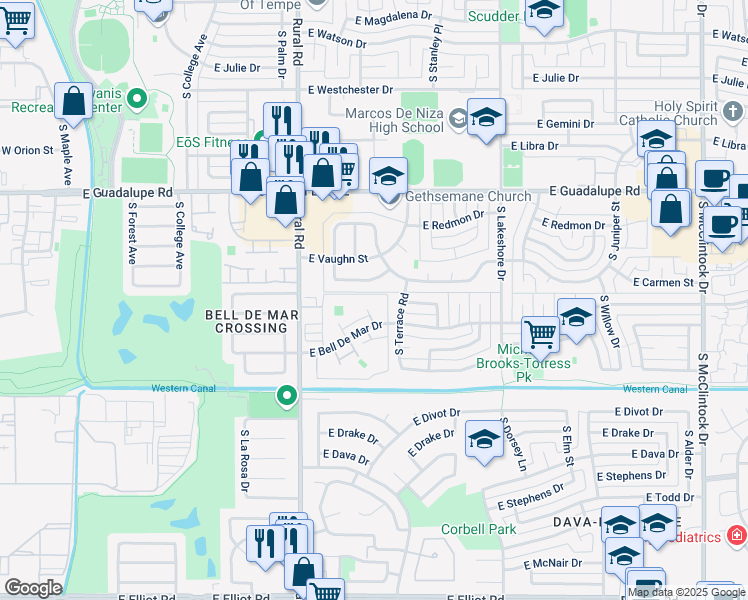 map of restaurants, bars, coffee shops, grocery stores, and more near 1033 East Lodge Drive in Tempe