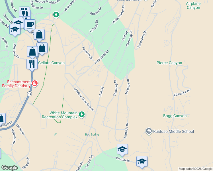 map of restaurants, bars, coffee shops, grocery stores, and more near 856 Hull Road in Ruidoso