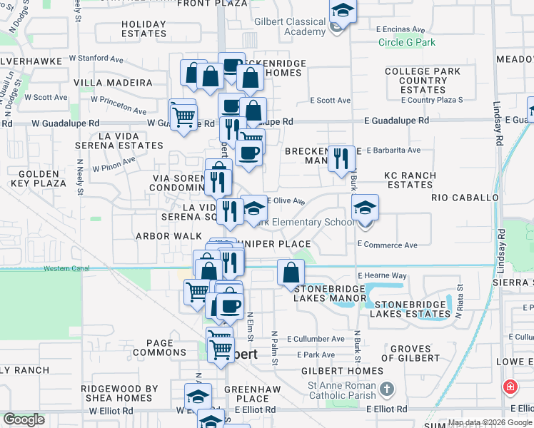 map of restaurants, bars, coffee shops, grocery stores, and more near 102 East Elm Circle in Gilbert