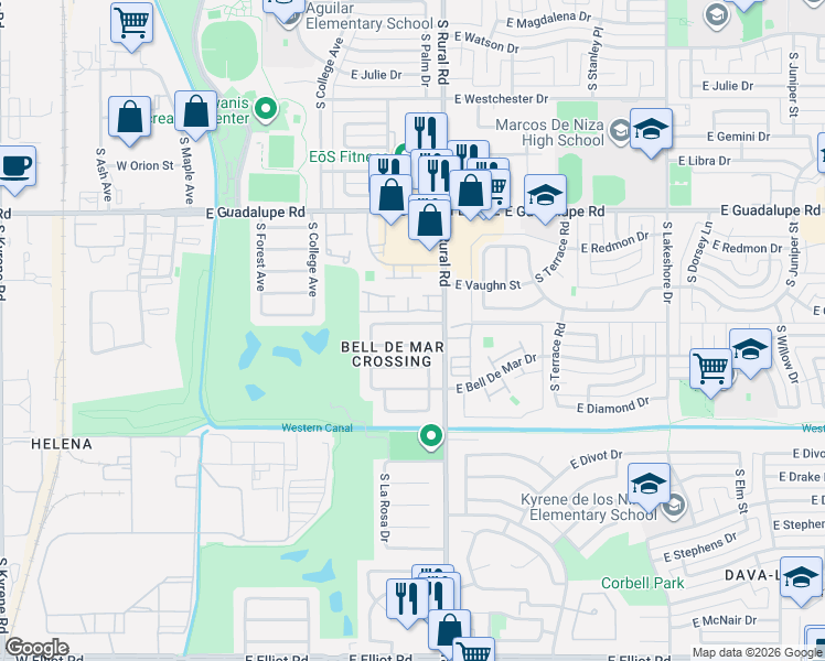 map of restaurants, bars, coffee shops, grocery stores, and more near 617 East Carmen Street in Tempe