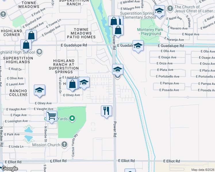map of restaurants, bars, coffee shops, grocery stores, and more near 524 North Ranger Trail in Gilbert