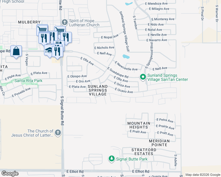map of restaurants, bars, coffee shops, grocery stores, and more near 11117 East Ocaso Avenue in Mesa