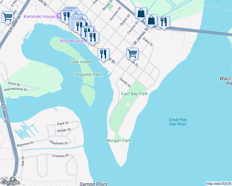 map of restaurants, bars, coffee shops, grocery stores, and more near 205 River Road in Georgetown