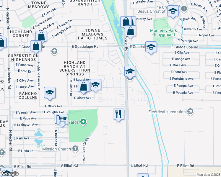 map of restaurants, bars, coffee shops, grocery stores, and more near 4699 East Redfield Road in Gilbert