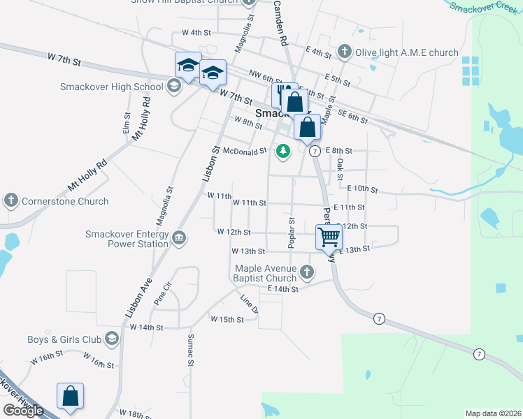 map of restaurants, bars, coffee shops, grocery stores, and more near 1105 Mulberry Street in Smackover