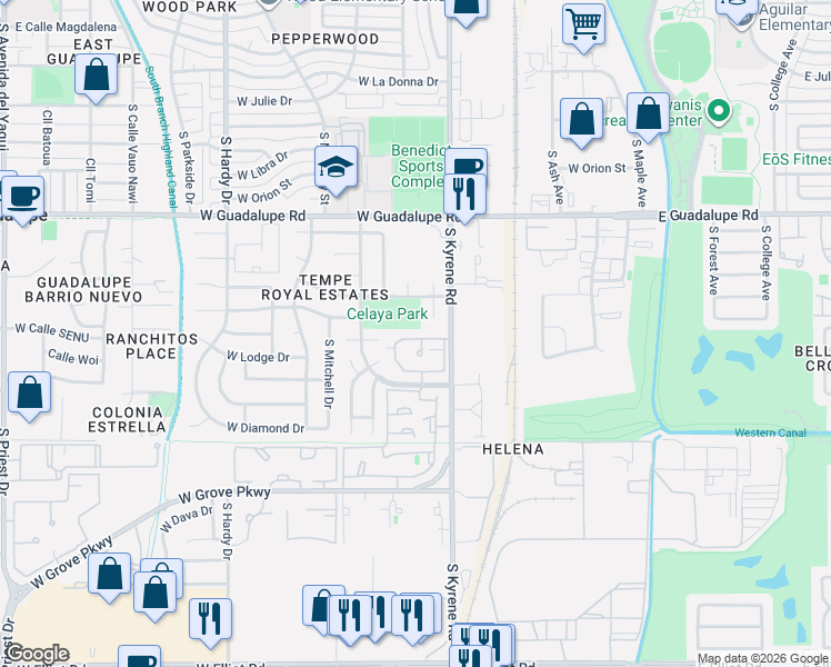 map of restaurants, bars, coffee shops, grocery stores, and more near 376 West Carmen Street in Tempe