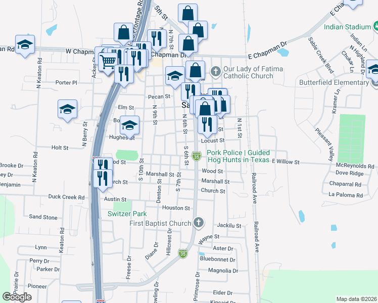 map of restaurants, bars, coffee shops, grocery stores, and more near 116 S 6th St in Sanger