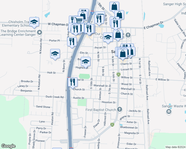 map of restaurants, bars, coffee shops, grocery stores, and more near 101 North 9th Street in Sanger