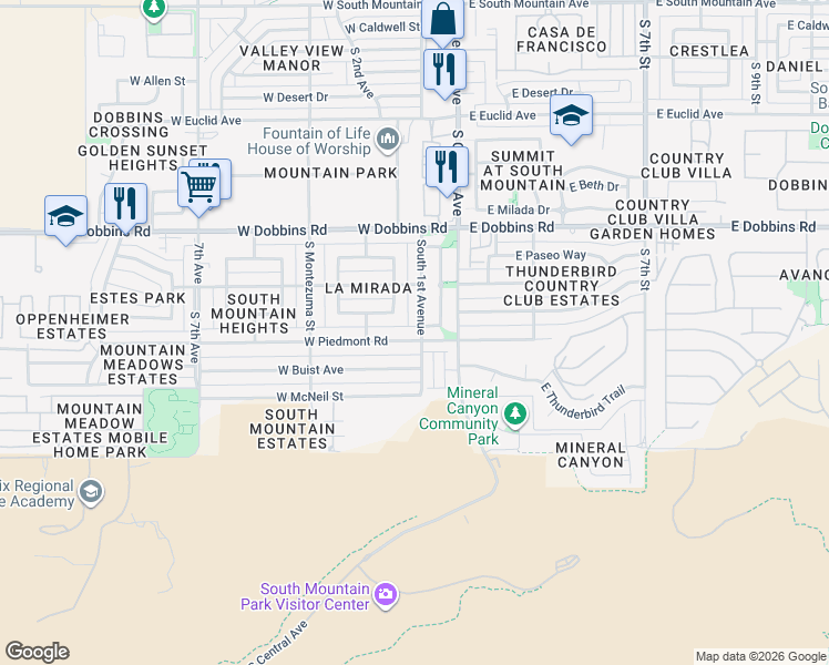 map of restaurants, bars, coffee shops, grocery stores, and more near 120 West Piedmont Road in Phoenix