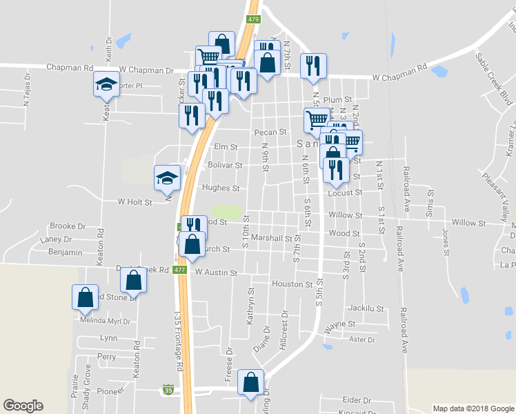 map of restaurants, bars, coffee shops, grocery stores, and more near 101 North 9th Street in Sanger