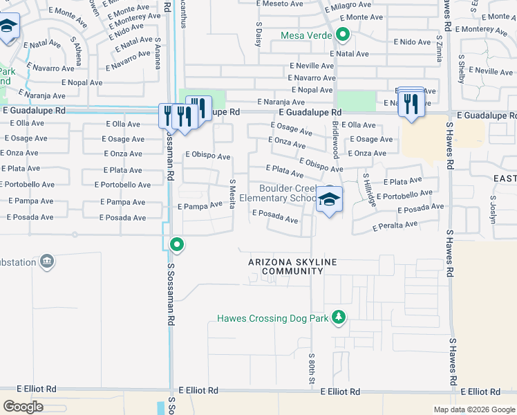 map of restaurants, bars, coffee shops, grocery stores, and more near 7857 East Pampa Avenue in Mesa