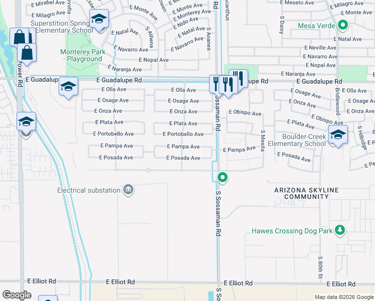 map of restaurants, bars, coffee shops, grocery stores, and more near 7449 East Pampa Avenue in Mesa