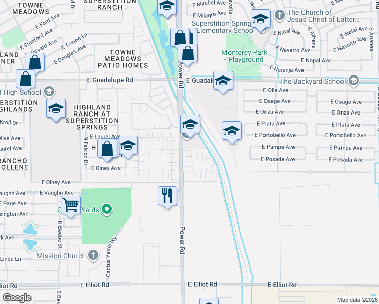 map of restaurants, bars, coffee shops, grocery stores, and more near 6828 East Posada Circle in Mesa