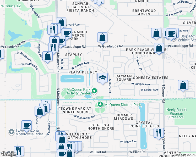 map of restaurants, bars, coffee shops, grocery stores, and more near 1303 West Juniper Avenue in Gilbert