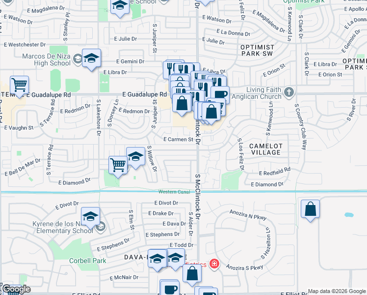 map of restaurants, bars, coffee shops, grocery stores, and more near 1716 East Bell De Mar Drive in Tempe
