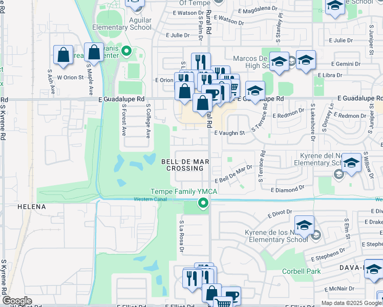 map of restaurants, bars, coffee shops, grocery stores, and more near 617 East Carmen Street in Tempe