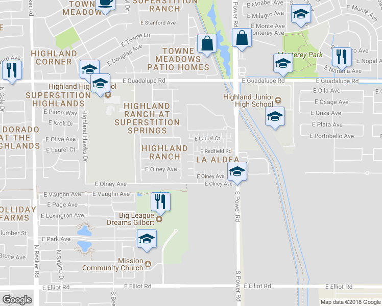 map of restaurants, bars, coffee shops, grocery stores, and more near 516 North Citrus Lane in Gilbert