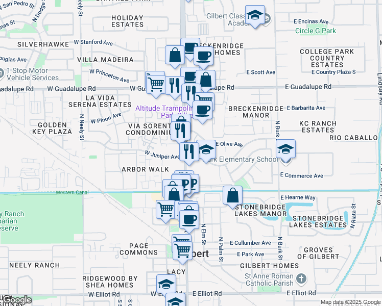 map of restaurants, bars, coffee shops, grocery stores, and more near 503 North Gilbert Road in Gilbert