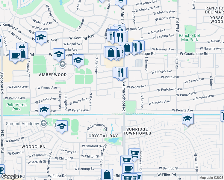 map of restaurants, bars, coffee shops, grocery stores, and more near 1303 West Pecos Avenue in Mesa