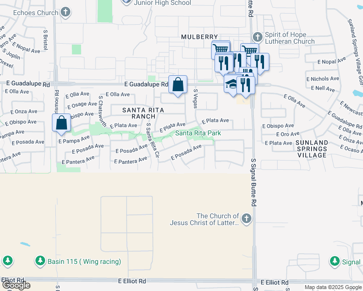 map of restaurants, bars, coffee shops, grocery stores, and more near 10503 East Portobello Avenue in Mesa