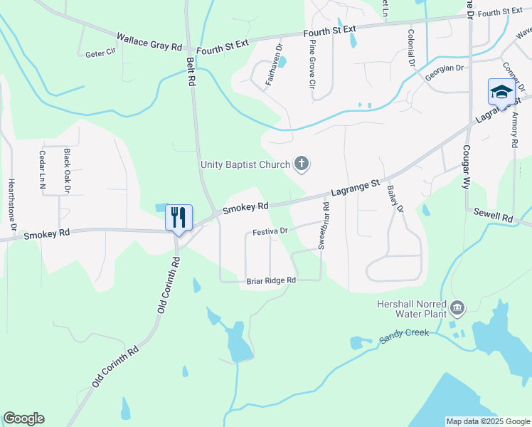map of restaurants, bars, coffee shops, grocery stores, and more near 400 Smokey Road in Newnan