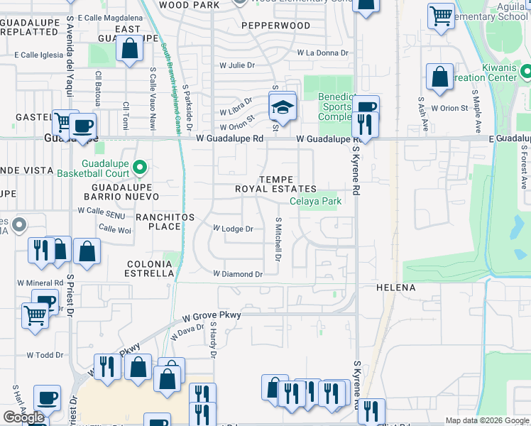 map of restaurants, bars, coffee shops, grocery stores, and more near 6602 South Mitchell Drive in Tempe