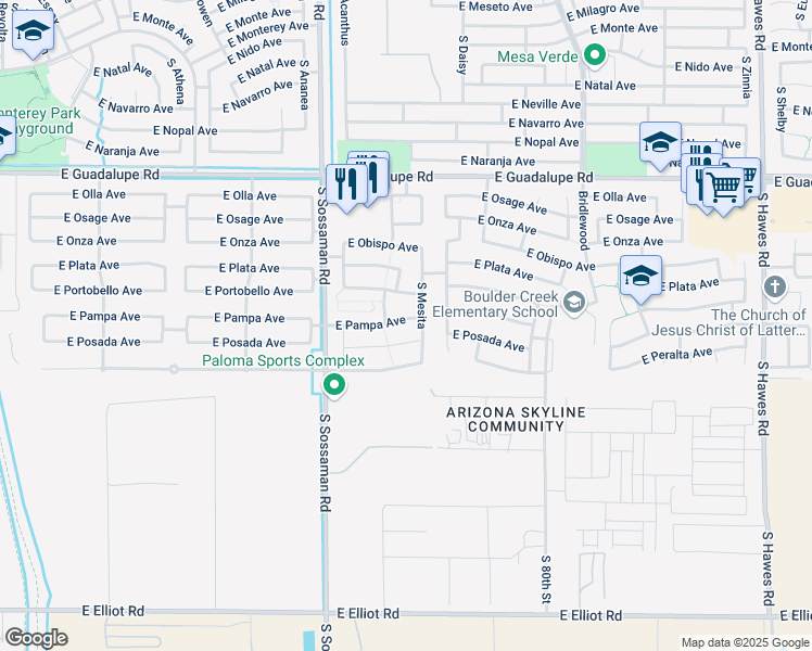 map of restaurants, bars, coffee shops, grocery stores, and more near 7739 East Pampa Avenue in Mesa