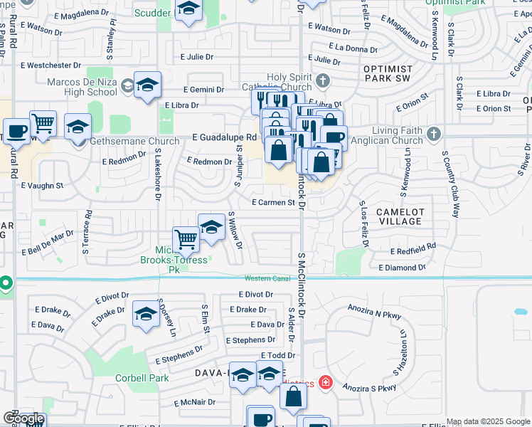map of restaurants, bars, coffee shops, grocery stores, and more near 1612 East Bell De Mar Drive in Tempe