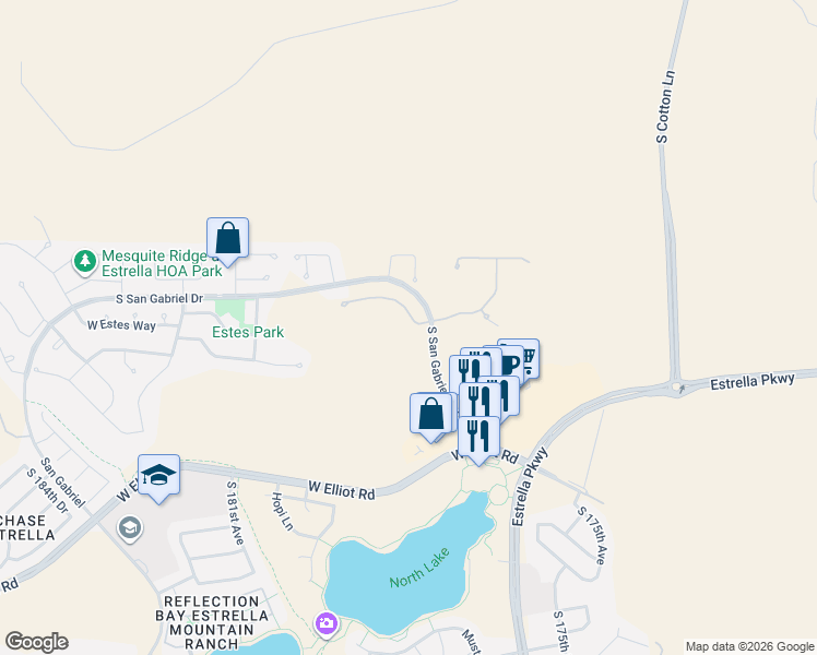 map of restaurants, bars, coffee shops, grocery stores, and more near 17803 West Estes Way in Goodyear