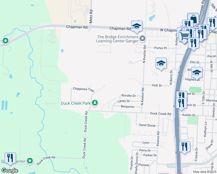 map of restaurants, bars, coffee shops, grocery stores, and more near 104 Tejas Dr in Sanger