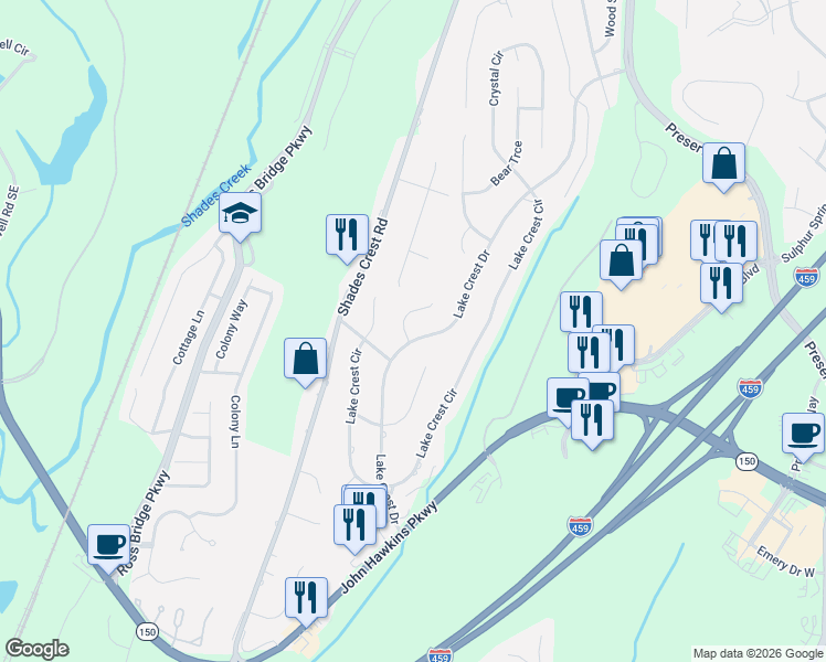 map of restaurants, bars, coffee shops, grocery stores, and more near 1105 Camellia Circle in Birmingham