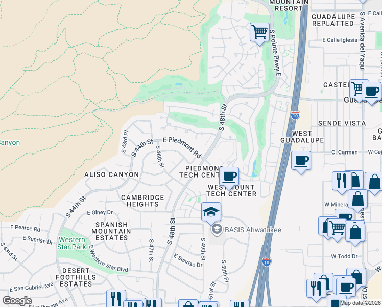 map of restaurants, bars, coffee shops, grocery stores, and more near 4650 East Carmen Street in Phoenix