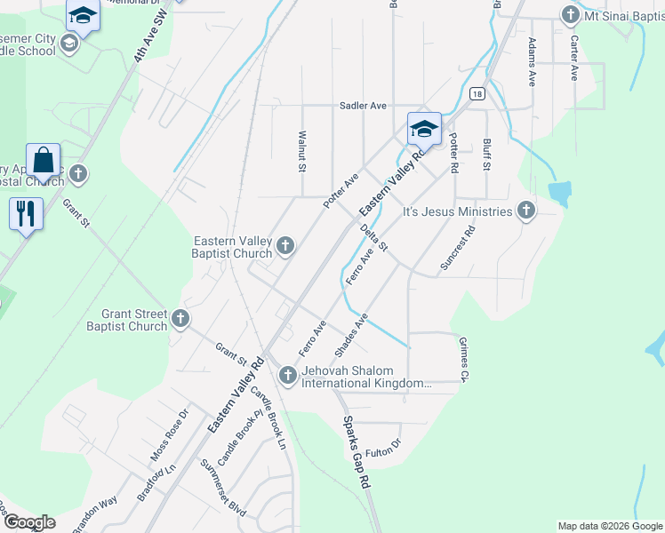 map of restaurants, bars, coffee shops, grocery stores, and more near 1201 Eastern Valley Rd in Bessemer