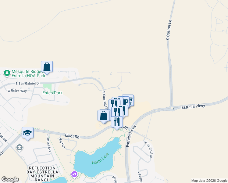 map of restaurants, bars, coffee shops, grocery stores, and more near 17691 West Estes Way in Goodyear