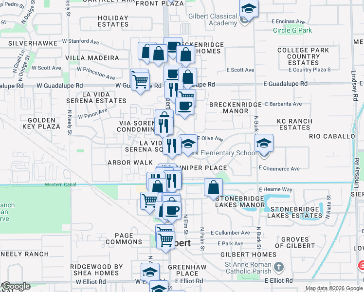 map of restaurants, bars, coffee shops, grocery stores, and more near 503 North Gilbert Road in Gilbert