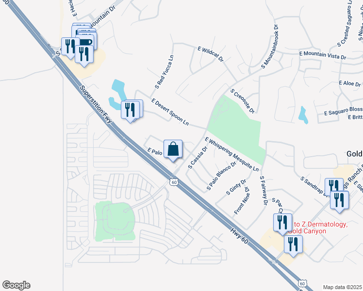 map of restaurants, bars, coffee shops, grocery stores, and more near 7325 East Canyon Wren Drive in Gold Canyon
