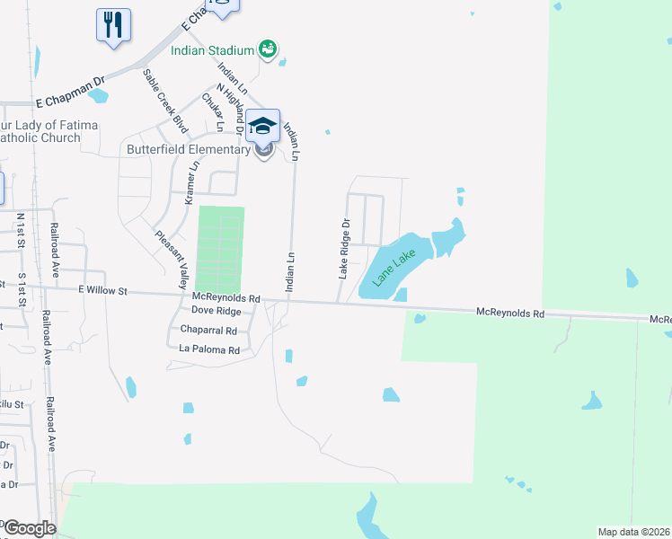 map of restaurants, bars, coffee shops, grocery stores, and more near 1005 Lake Ridge Drive in Sanger