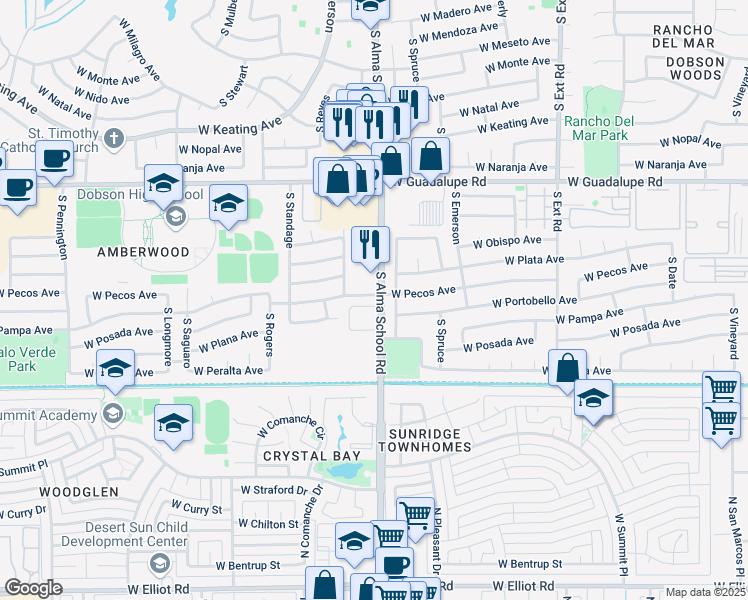 map of restaurants, bars, coffee shops, grocery stores, and more near 1209 West Pecos Avenue in Mesa