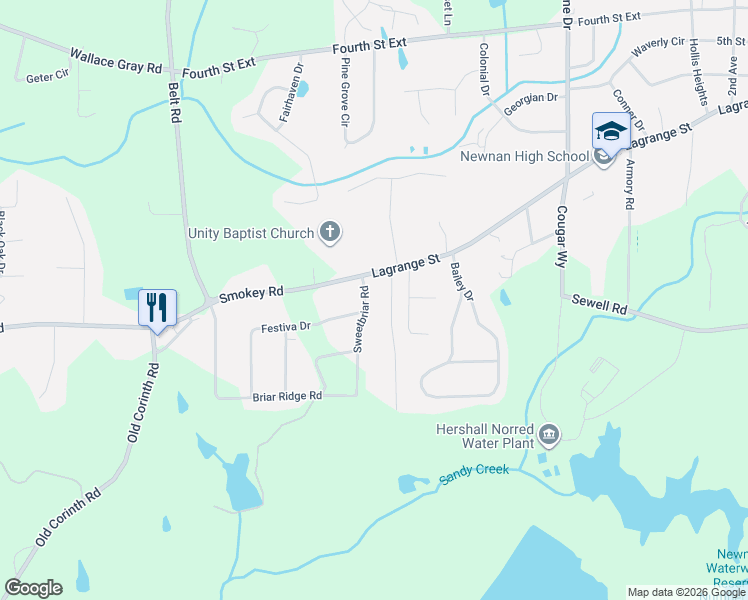 map of restaurants, bars, coffee shops, grocery stores, and more near 6 Sweetbriar Road in Newnan