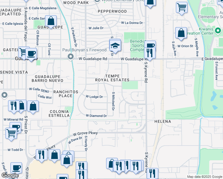 map of restaurants, bars, coffee shops, grocery stores, and more near 6602 South Mitchell Drive in Tempe