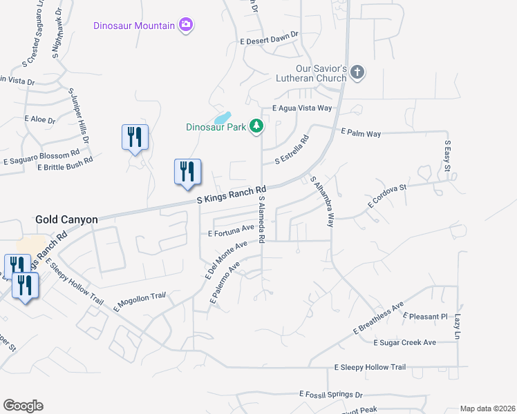 map of restaurants, bars, coffee shops, grocery stores, and more near 6038 South Alameda Road in Gold Canyon