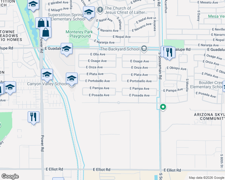 map of restaurants, bars, coffee shops, grocery stores, and more near 7239 East Pampa Avenue in Mesa