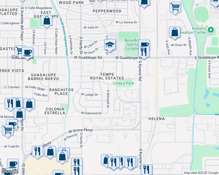 map of restaurants, bars, coffee shops, grocery stores, and more near 6602 South Mitchell Drive in Tempe